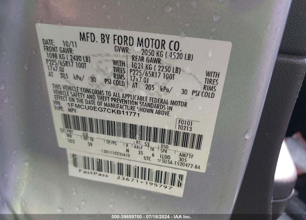 2012 FORD ESCAPE LIMITED VIN: 1FMCU0EG7CKB11771