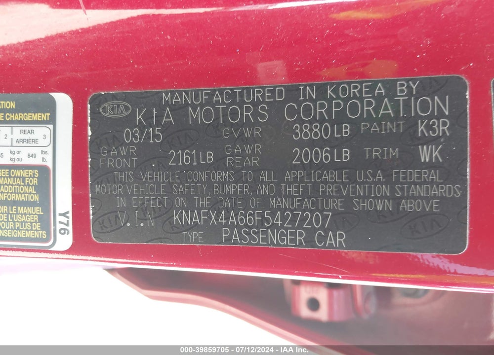 2015 KIA FORTE LX VIN: KNAFX4A66F5427207
