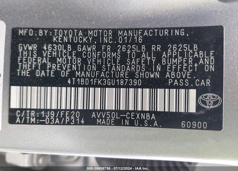 2016 TOYOTA CAMRY HYBRID LE VIN: 4T1BD1FK3GU187390