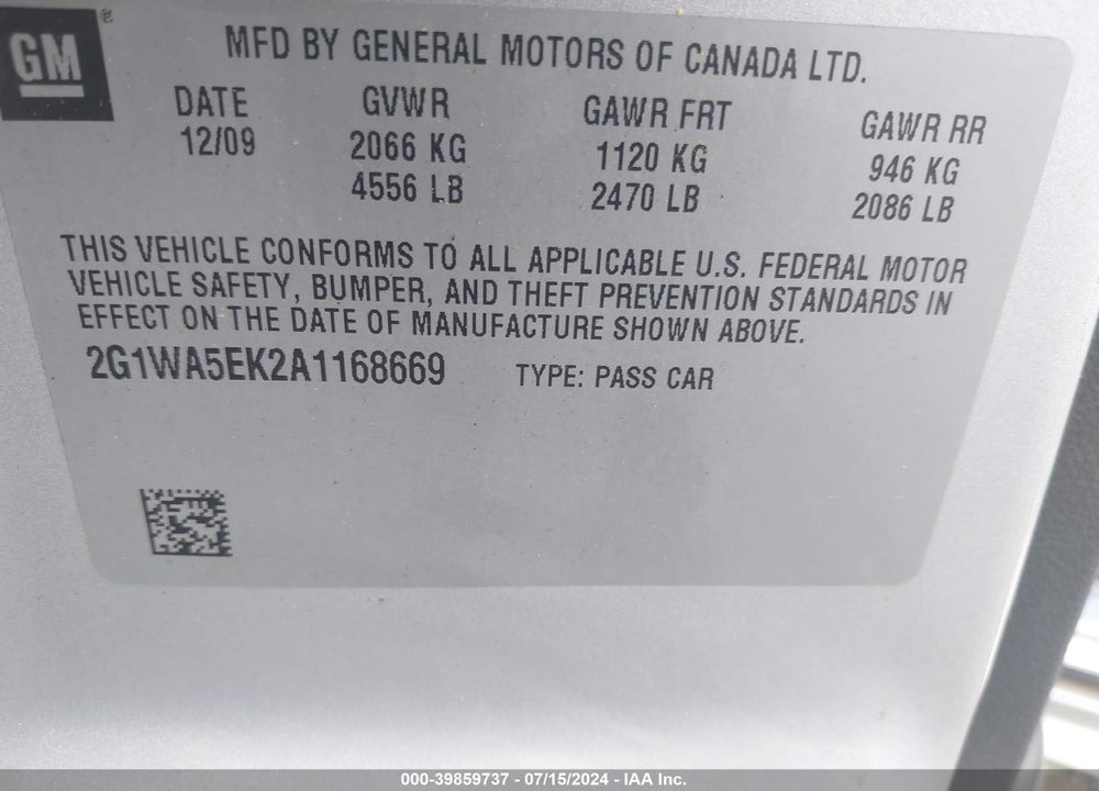 2010 CHEVROLET IMPALA LS VIN: 2G1WA5EK2A1168669