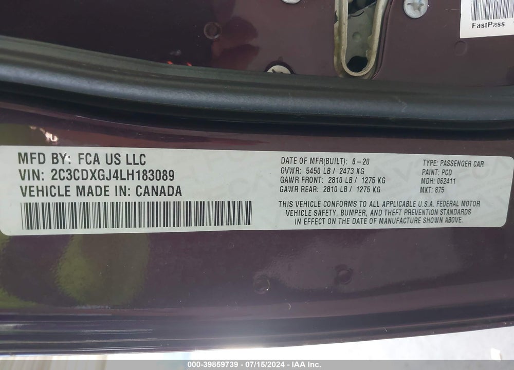 2020 DODGE CHARGER SCAT PACK RWD VIN: 2C3CDXGJ4LH183089