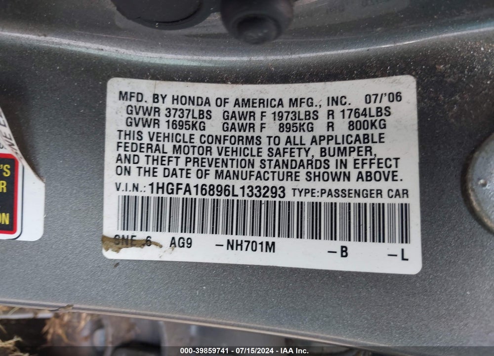 2006 HONDA CIVIC EX VIN: 1HGFA16896L133293