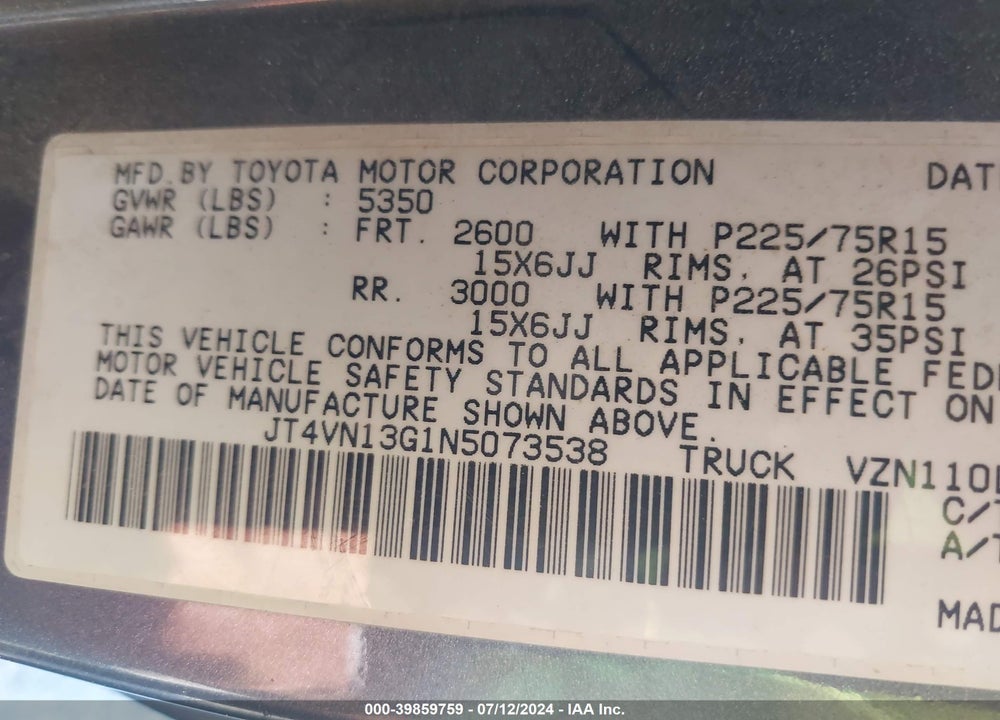 1992 TOYOTA PICKUP 1/2 TON EX LONG WHLBS SR5 VIN: JT4VN13G1N5073538