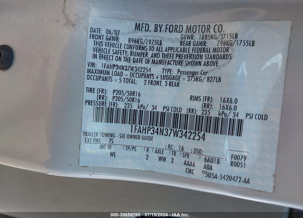 2007 FORD FOCUS S/SE/SES VIN: 1FAHP34N37W342254