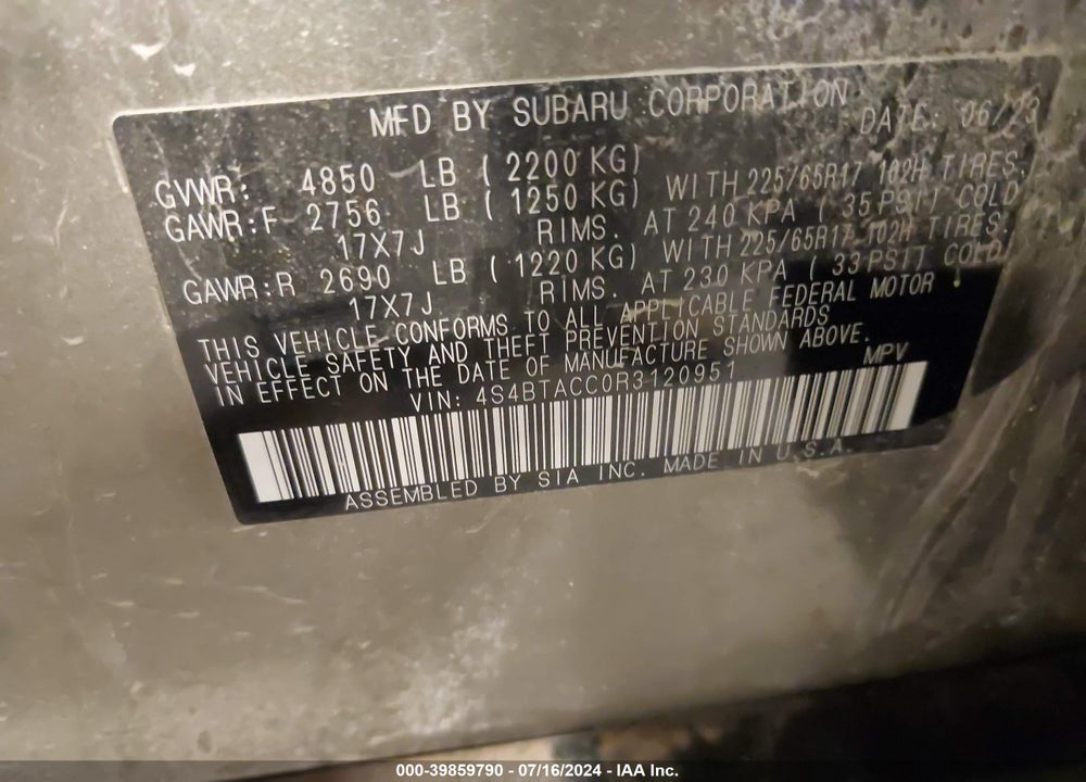 2024 SUBARU OUTBACK PREMIUM VIN: 4S4BTACC0R3120951