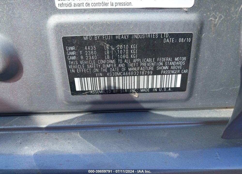 2011 SUBARU LEGACY 2.5I VIN: 4S3BMCA66B3218799