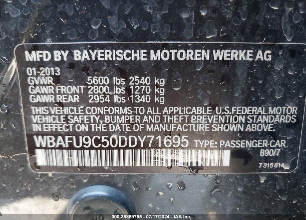 2013 BMW 550I XDRIVE VIN: WBAFU9C50DDY71695