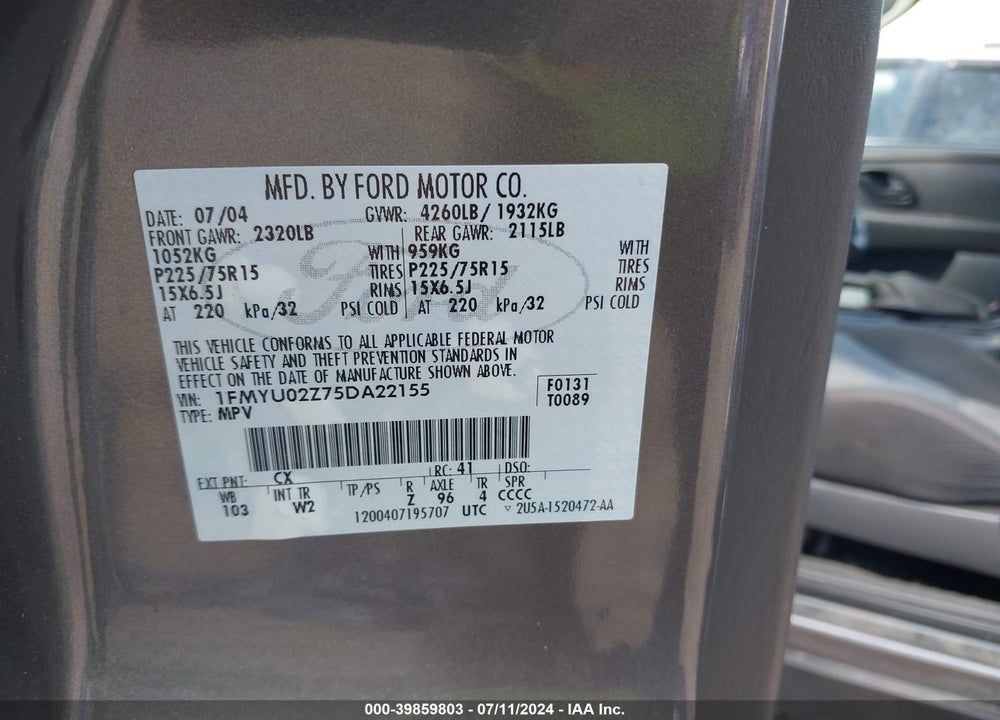 2005 FORD ESCAPE XLS VIN: 1FMYU02Z75DA22155