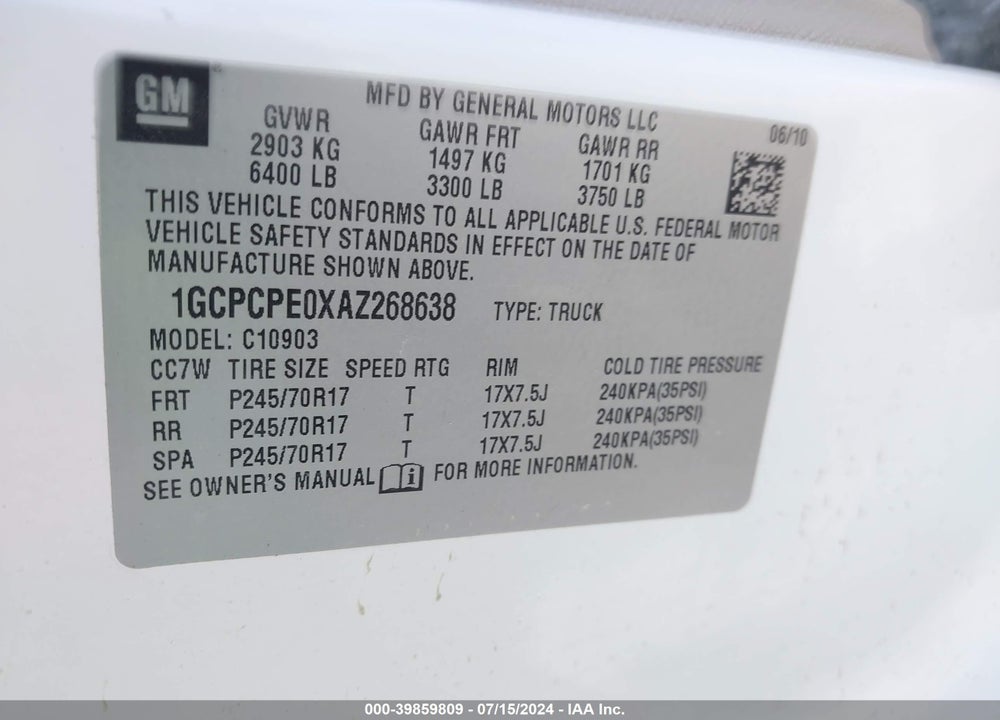 2010 CHEVROLET SILVERADO 1500 WORK TRUCK VIN: 1GCPCPE0XAZ268638