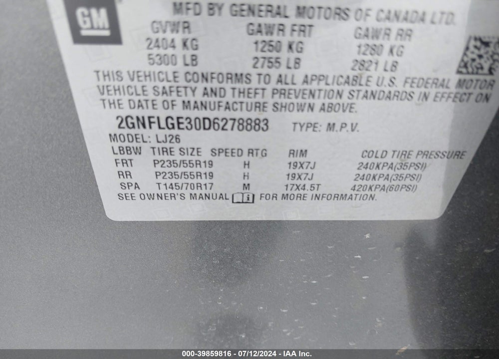 2013 CHEVROLET EQUINOX LTZ VIN: 2GNFLGE30D6278883