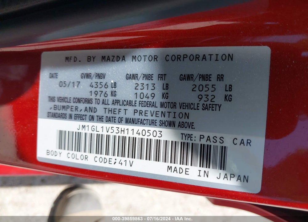 2017 MAZDA 6 TOURING VIN: JM1GL1V53H1140503