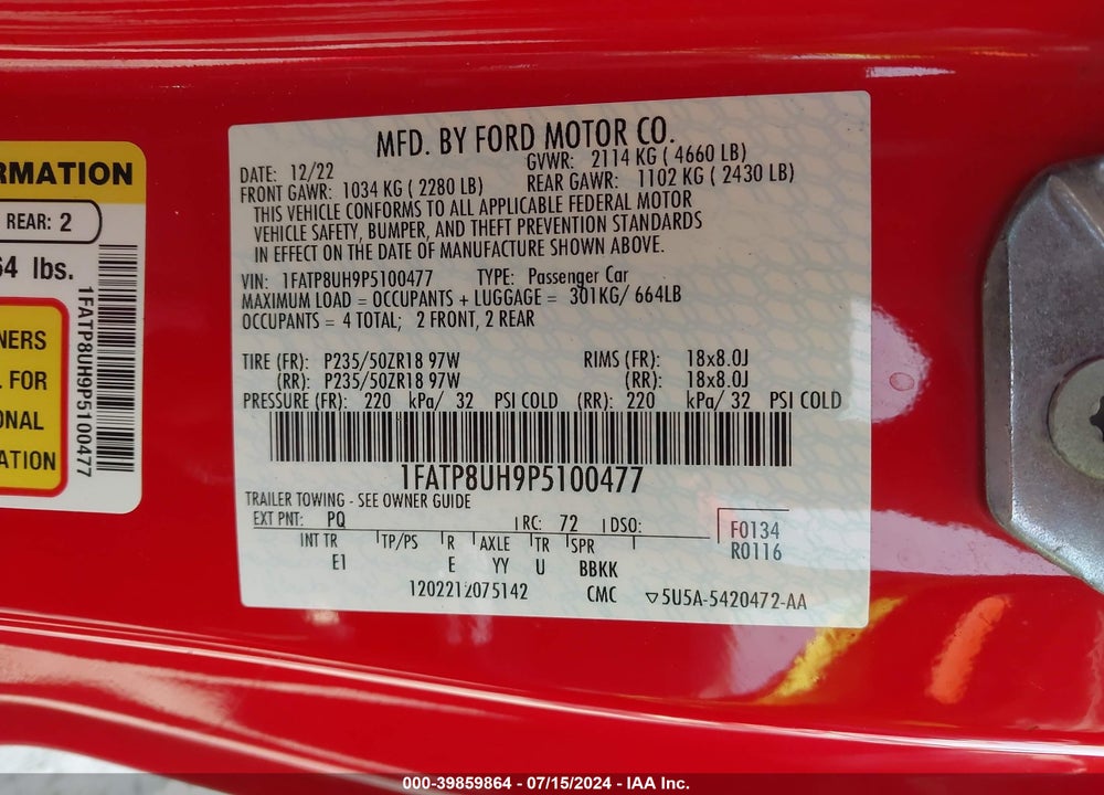 2023 FORD MUSTANG ECOBOOST PREMIUM VIN: 1FATP8UH9P5100477