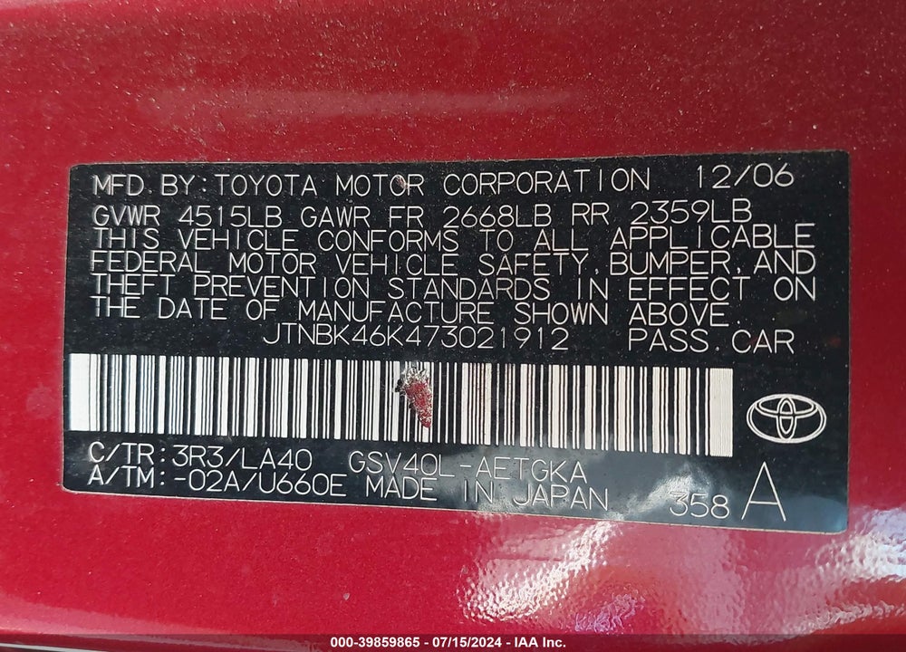 2007 TOYOTA CAMRY XLE V6 VIN: JTNBK46K473021912