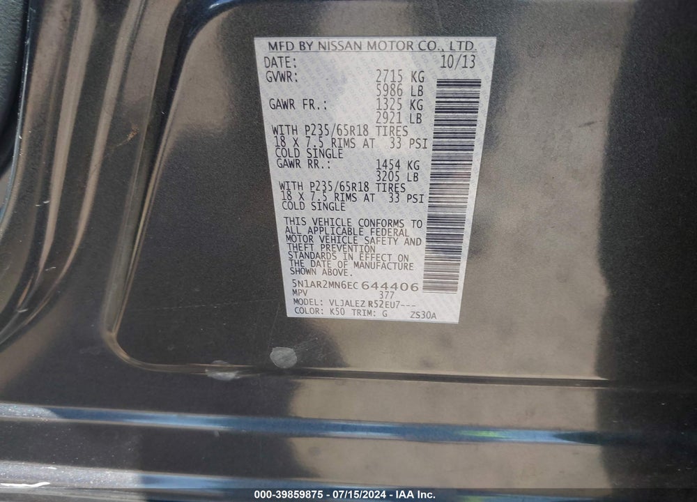 2014 NISSAN PATHFINDER SV VIN: 5N1AR2MN6EC644406
