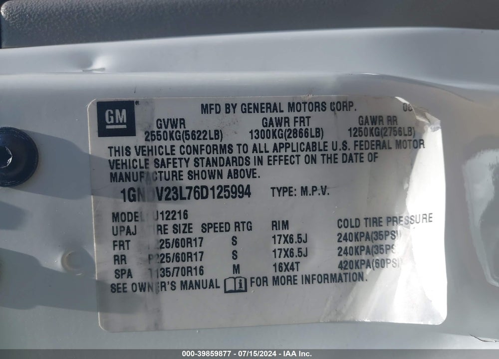 2006 CHEVROLET UPLANDER LS VIN: 1GNDV23L76D125994