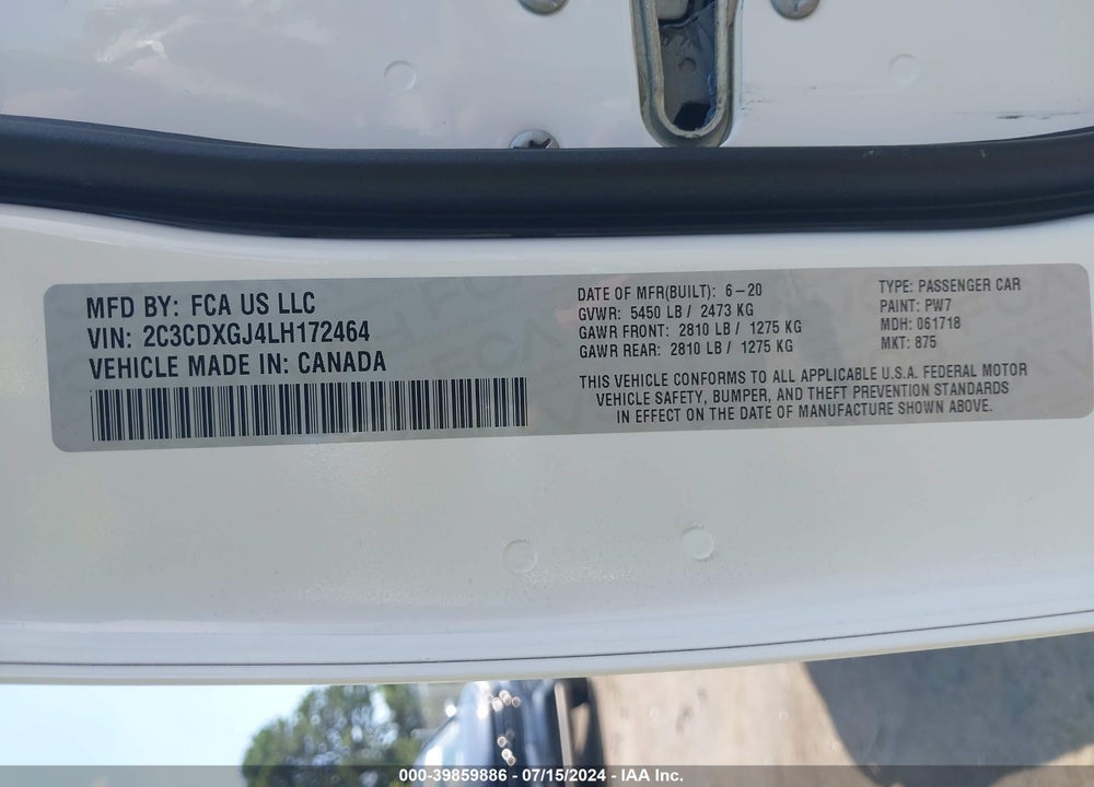 2020 DODGE CHARGER SCAT PACK RWD VIN: 2C3CDXGJ4LH172464