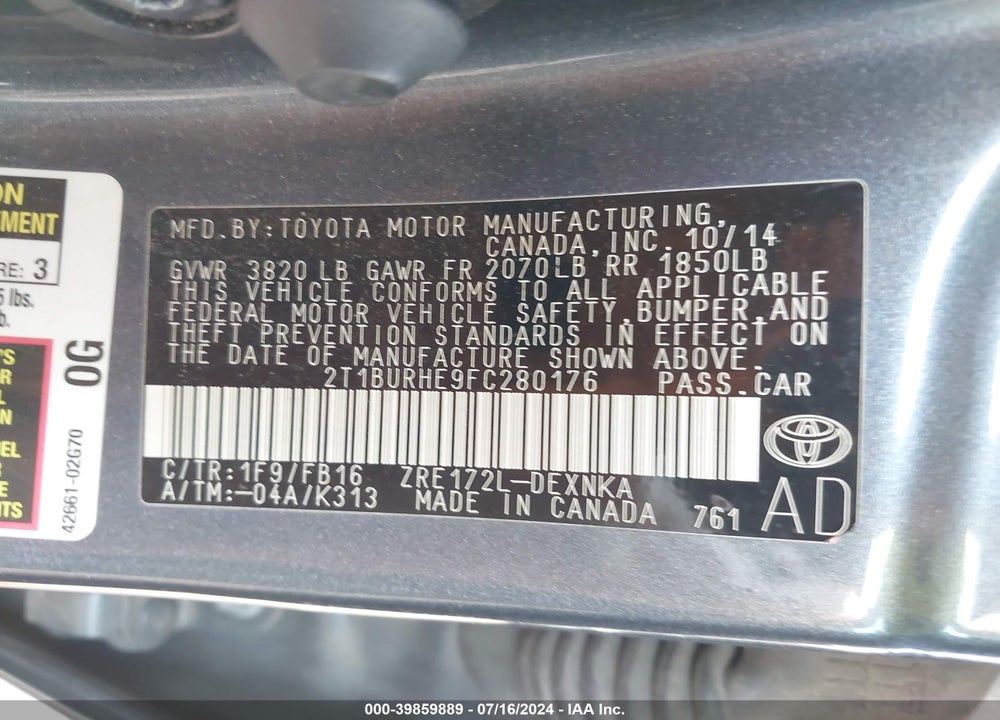 2015 TOYOTA COROLLA LE VIN: 2T1BURHE9FC280176
