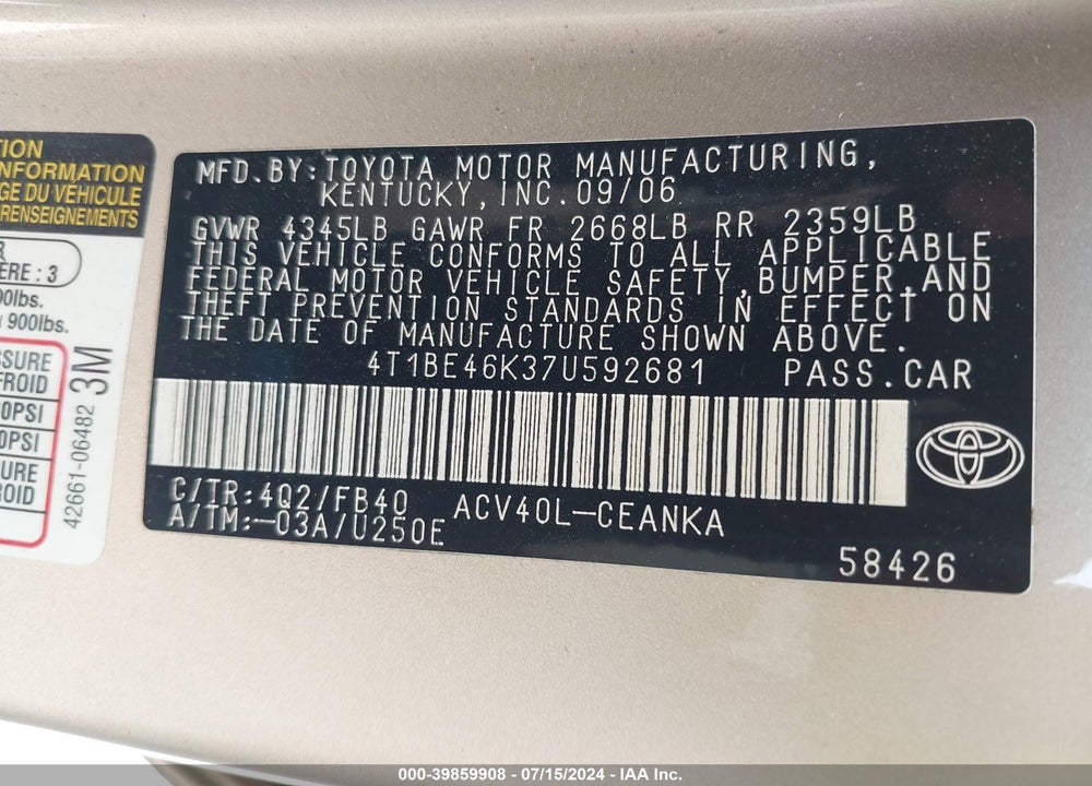 2007 TOYOTA CAMRY LE VIN: 4T1BE46K37U592681
