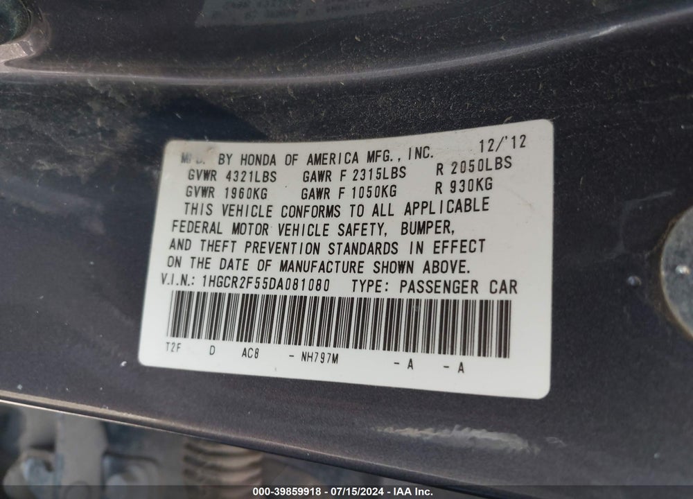 2013 HONDA ACCORD SPORT VIN: 1HGCR2F55DA081080