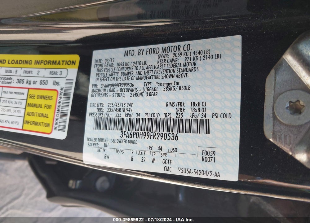 2015 FORD FUSION SE VIN: 3FA6P0H99FR290536