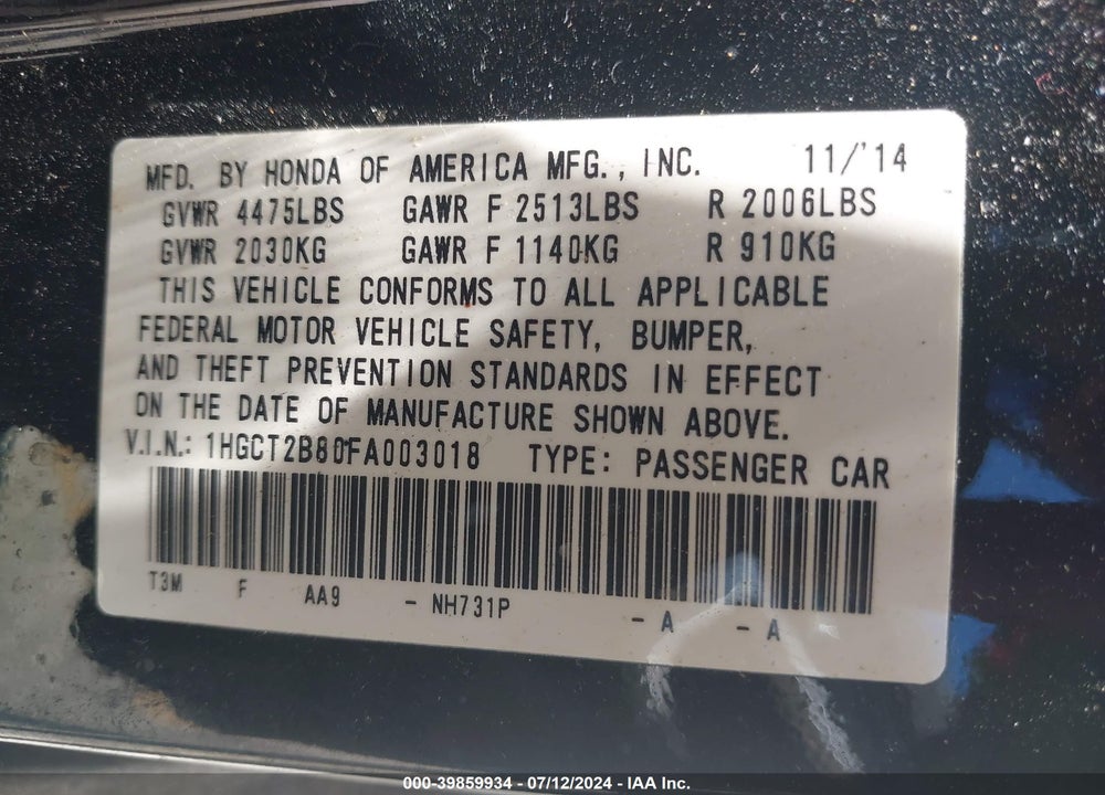 2015 HONDA ACCORD EX-L V-6 VIN: 1HGCT2B80FA003018