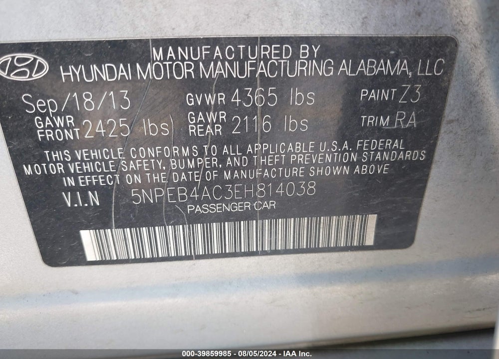 2014 HYUNDAI SONATA GLS VIN: 5NPEB4AC3EH814038
