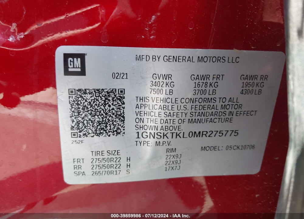 2021 CHEVROLET TAHOE 4WD HIGH COUNTRY VIN: 1GNSKTKL0MR275775