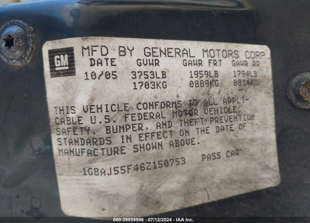 2006 SATURN ION 2 VIN: 1G8AJ55F46Z150753