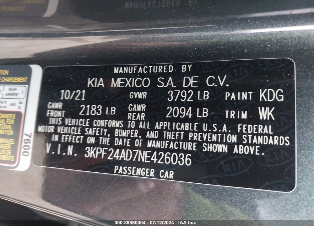 2022 KIA FORTE FE VIN: 3KPF24AD7NE426036