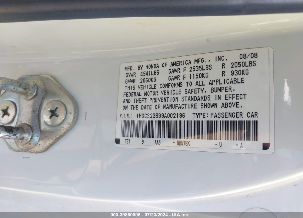 2009 HONDA ACCORD 3.5 EX-L VIN: 1HGCS22899A002196