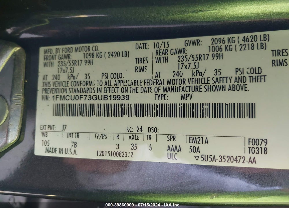 2016 FORD ESCAPE S VIN: 1FMCU0F73GUB19939