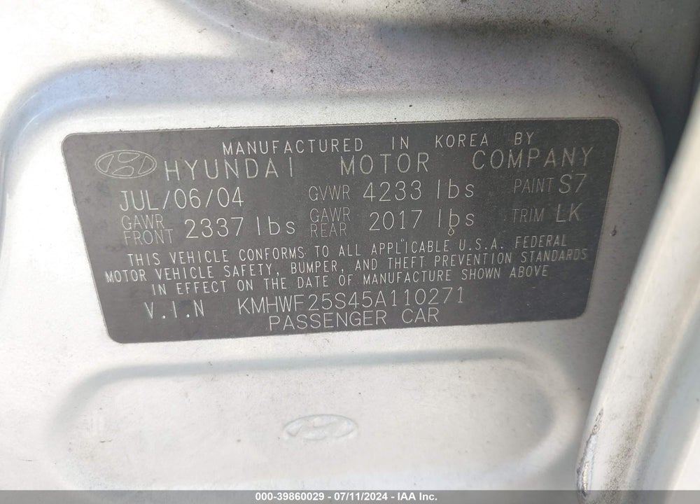 2005 HYUNDAI SONATA GL VIN: KMHWF25S45A110271