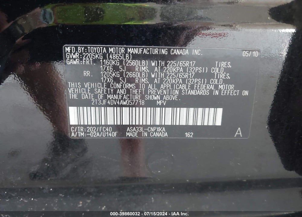 2010 TOYOTA RAV4 VIN: 2T3JF4DV4AW057718