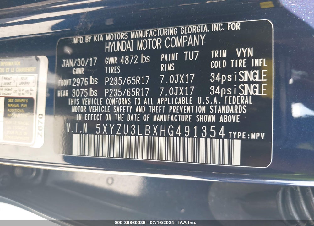 2017 HYUNDAI SANTA FE SPORT 2.4L VIN: 5XYZU3LBXHG491354