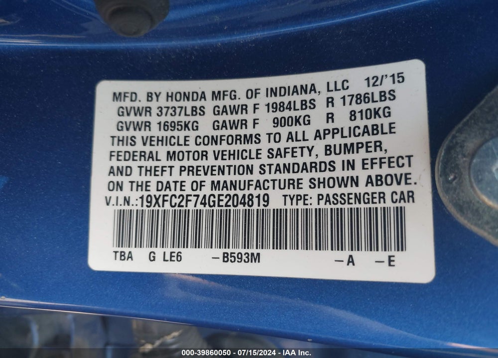 2016 HONDA CIVIC EX VIN: 19XFC2F74GE204819