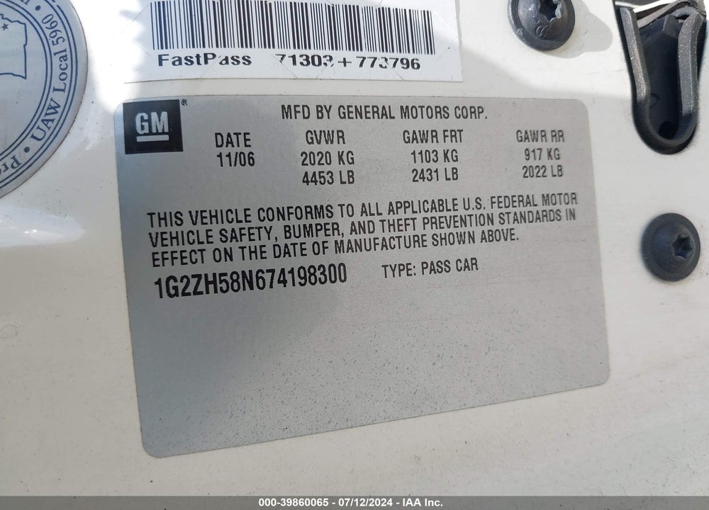 2007 PONTIAC G6 GT VIN: 1G2ZH58N674198300