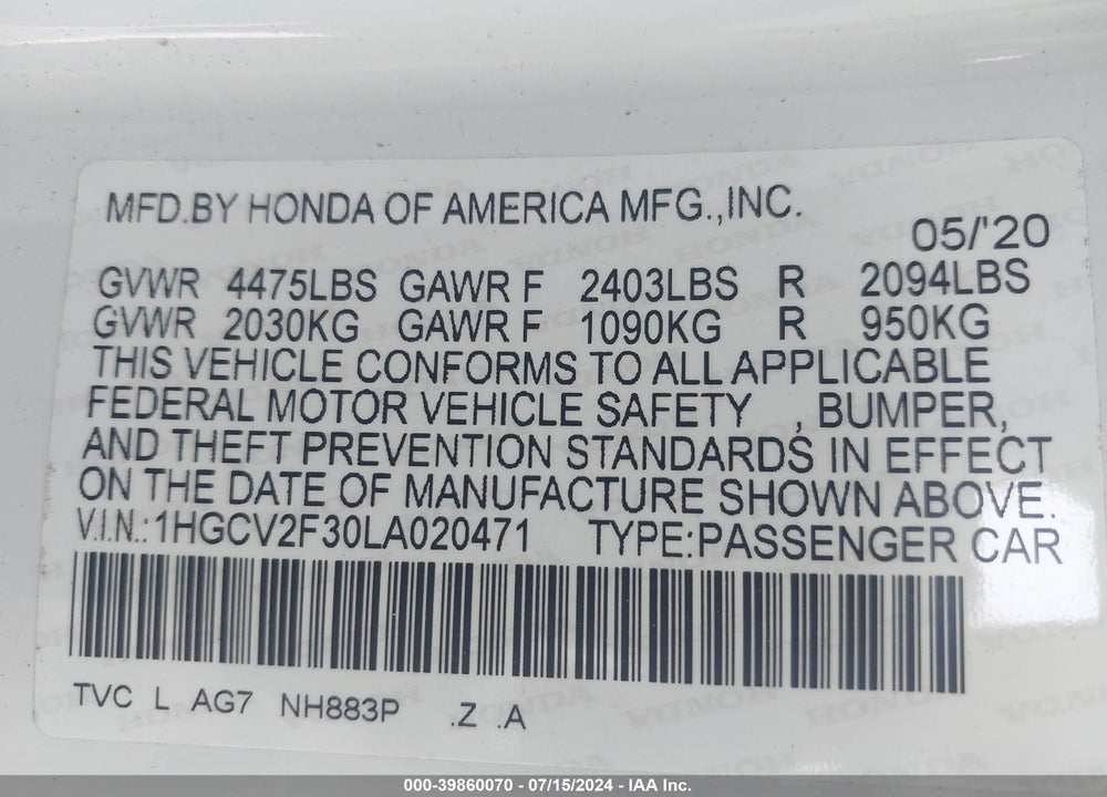 2020 HONDA ACCORD SPORT 2.0T VIN: 1HGCV2F30LA020471