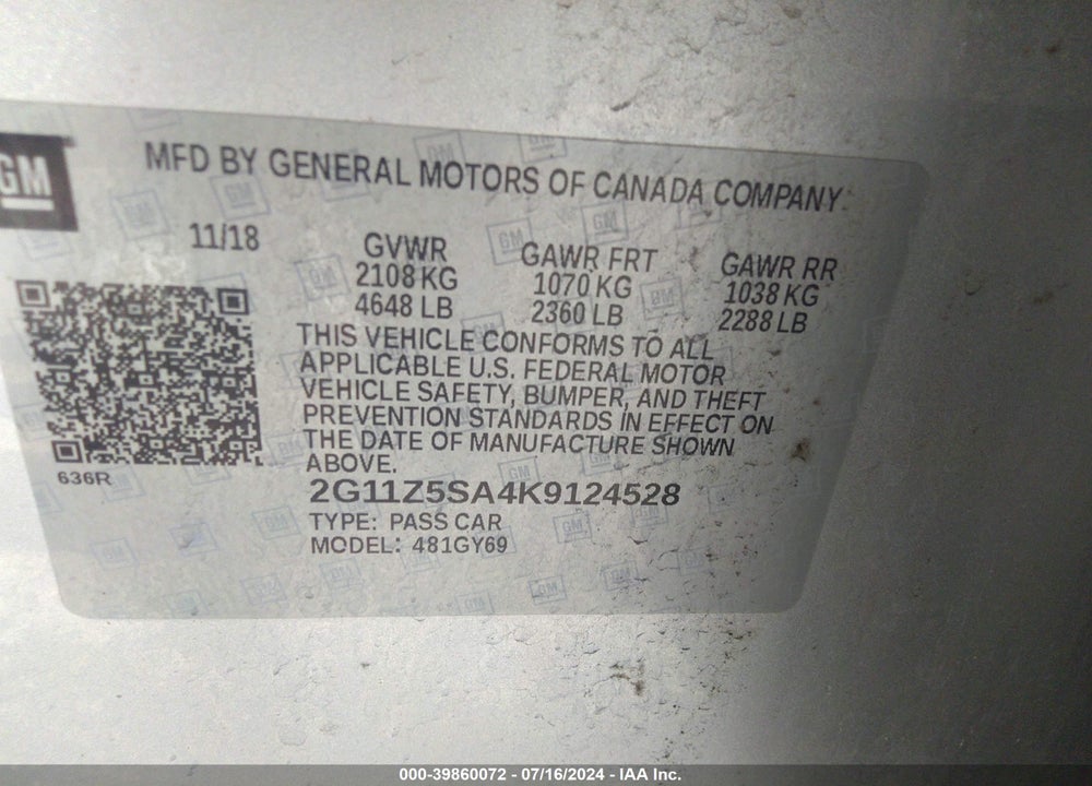 2019 CHEVROLET IMPALA LT VIN: 2G11Z5SA4K9124528