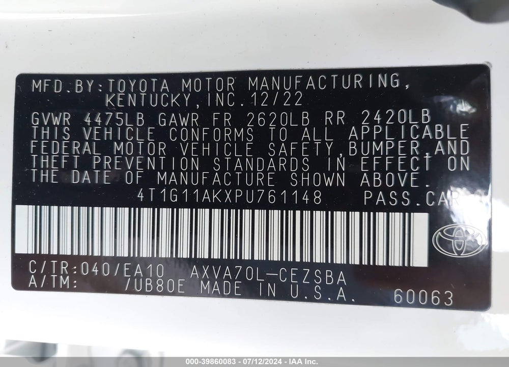 2023 TOYOTA CAMRY SE VIN: 4T1G11AKXPU761148