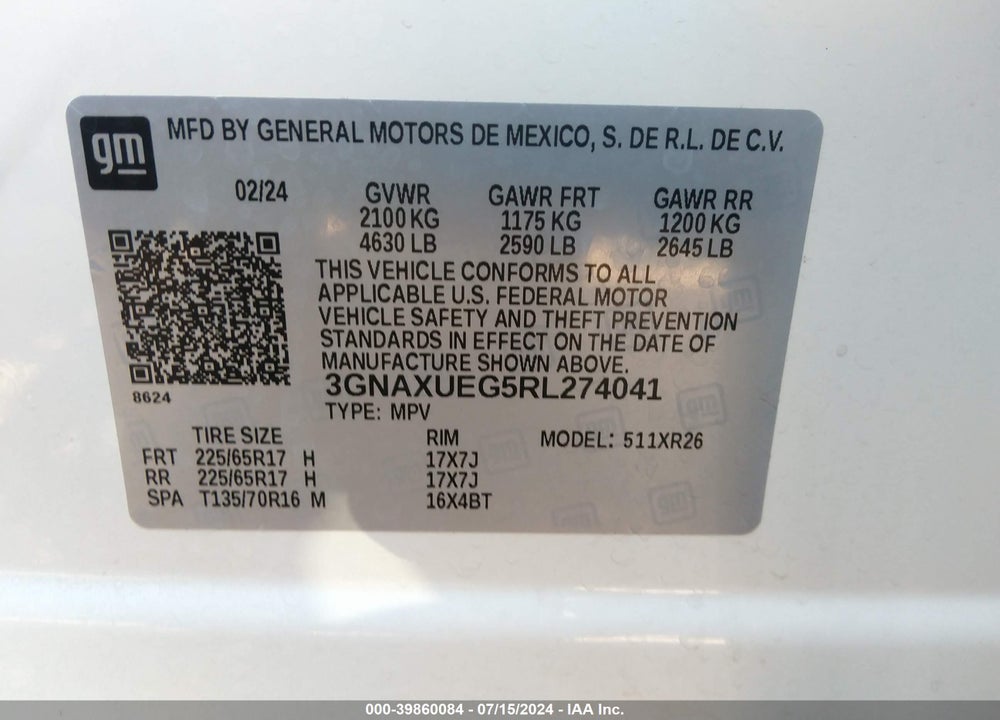 2024 CHEVROLET EQUINOX AWD LT VIN: 3GNAXUEG5RL274041