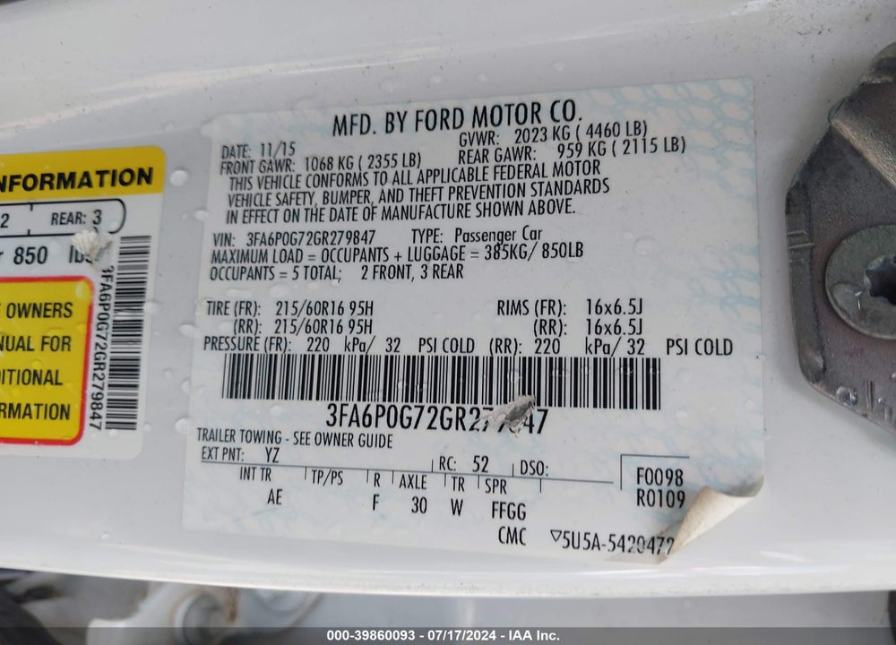 2016 FORD FUSION S VIN: 3FA6P0G72GR279847