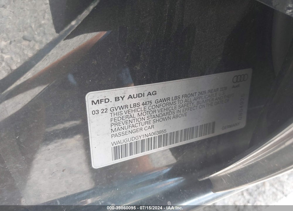 2022 AUDI A3 PREMIUM 40 TFSI QUATTRO S TRONIC VIN: WAUGUDGY1NA063855