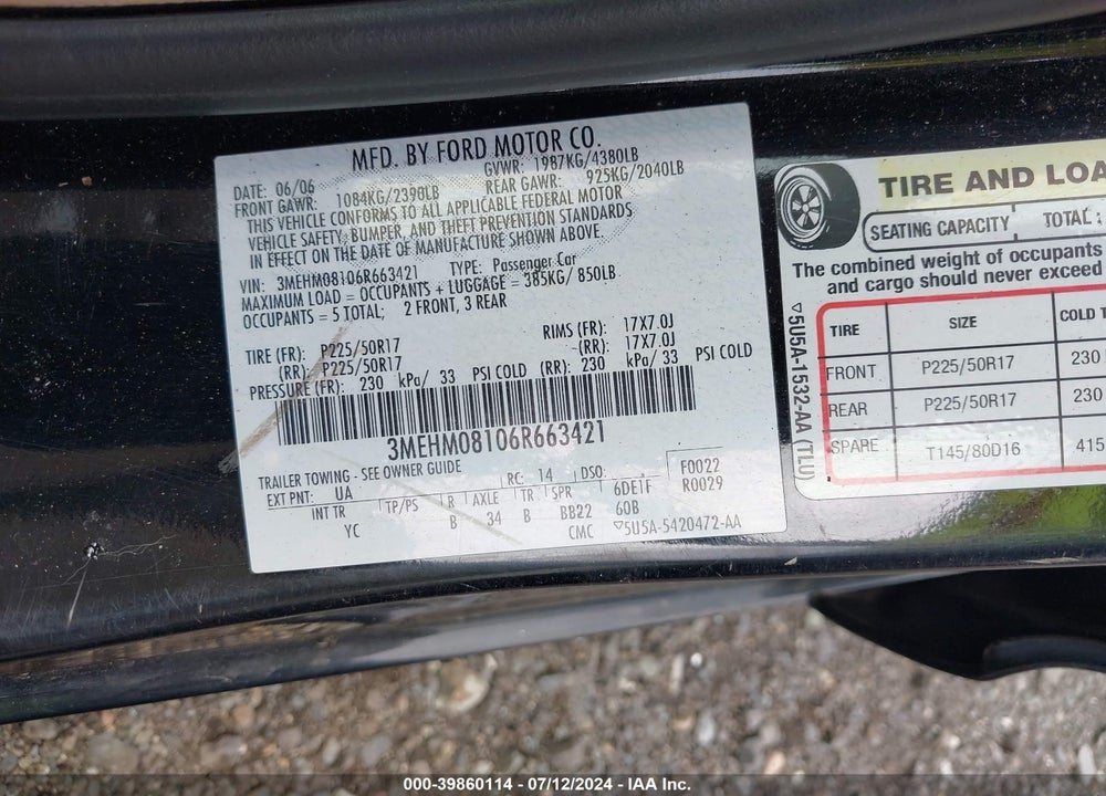 2006 MERCURY MILAN V6 PREMIER VIN: 3MEHM08106R663421