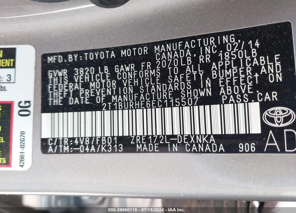 2014 TOYOTA COROLLA LE VIN: 2T1BURHE6EC115507