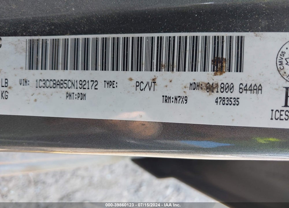 2012 CHRYSLER 200 LX VIN: 1C3CCBAB5CN192172