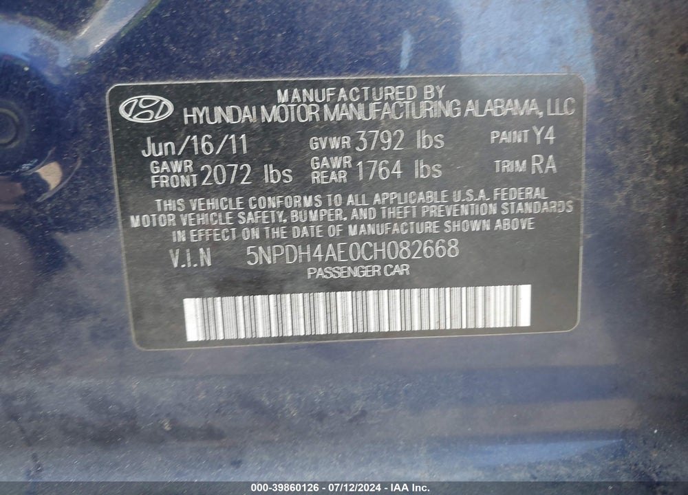 2012 HYUNDAI ELANTRA GLS VIN: 5NPDH4AE0CH082668