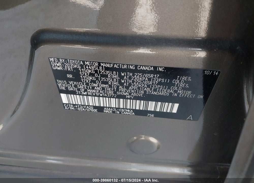 2015 TOYOTA RAV4 VIN: 2T3WFREV1FW143772
