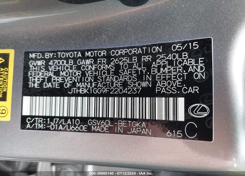 2015 LEXUS ES 350 VIN: JTHBK1GG9F2204237