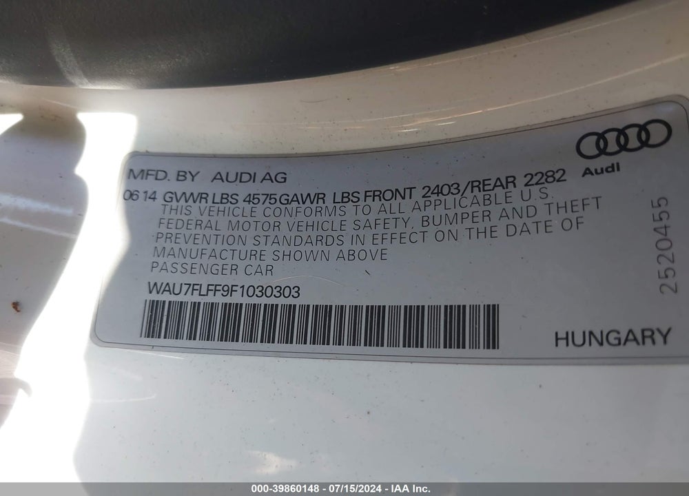 2015 AUDI A3 2.0T PREMIUM VIN: WAU7FLFF9F1030303