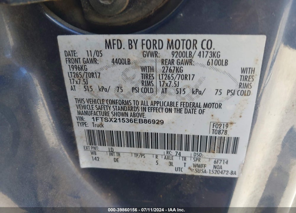 2006 FORD F-250 VIN: 1FTSX21536EB86929